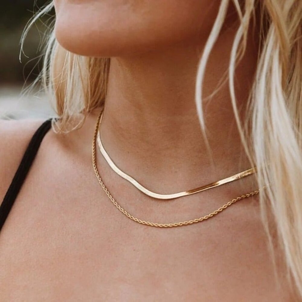 Layered Gold Chain Necklace Waterproof Gold Necklace Herringbone + Rope Chain